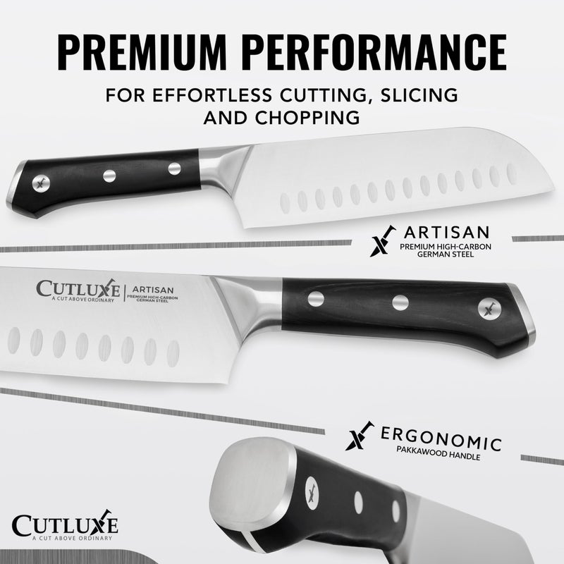 Cutluxe سكين كاتلوكس سانتوكو - 7" سكين تقطيع، سكين لحم وخضار - فولاذ ألماني عالي الكربون مطروق - غلاف متضمن - تصميم كامل الطول وحاد كالشفرات - تصميم مقبض مريح - سلسلة الحرفيين - Image 2